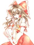 armpits bad_id bad_pixiv_id bare_shoulders bow brown_eyes brown_hair detached_sleeves fighting_stance hair_bow hakurei_reimu large_bow long_hair mouth_hold ofuda ribbon riichu serious solo touhou 