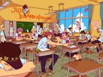  6+girls broom bruno_buccellati chalkboard classroom closet desk dio_brando ermes_costello fighting floating foo_fighters ghost giorno_giovanna graffiti guido_mista hiding highres holding holding_broom indoors jean_pierre_polnareff jojo_no_kimyou_na_bouken kakyouin_noriaki kishibe_rohan kuujou_jolyne kuujou_joutarou leone_abbacchio melone multiple_boys multiple_girls narancia_ghirga nedayashi school_desk school_uniform sleeping sugimoto_reimi translated trish_una tsuji_aya ufo zipper 