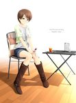  blush boots brown_eyes brown_hair cafe cellphone chair denim denim_shorts full_body glass glasses highres knee_boots knees_together_feet_apart menu ogata original phone pillow short_hair shorts sitting solo striped table 