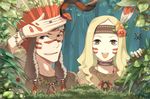  1girl arachnid baccano! bad_id bad_pixiv_id blonde_hair brown_eyes bug elmmoo facepaint feathers flower forest fringe_trim hair_flower hair_ornament headdress isaac_dian jewelry miria_harvent native_american_headdress nature ring snail snake spider warbonnet 