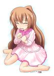  aisaka_taiga bad_id bad_pixiv_id barefoot brown_hair closed_eyes dress highres kazuboh long_hair sitting solo tears toradora! wariza 