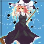  banned_artist blonde_hair bow braid broom grin hair_bow hand_on_headwear hand_on_hip hat heart kirisame_marisa mutsu side_braid smile solo star touhou witch_hat yellow_eyes 