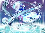  blue_hair blue_scarf bubble closed_eyes crystal floating kaito magic magic_circle male_focus scarf scimitar solo standing standing_on_liquid sword tokino_hitonatsu vocaloid water weapon 