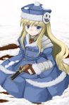  :&lt; armor atlus blonde_hair blood blue_eyes coat depth_bomb gun gunner hat kneeling long_hair necktie sekaiju_no_meikyuu shimo_(depthbomb) snow weapon 