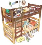 barefoot bed bottle brown_hair bunk_bed clock food hat jewelry long_hair maiko_(hyoppo244) monster_(manga) multiple_girls original pillow pocky poster_(object) short_hair shorts slippers 