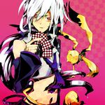  akita_neru akita_neru_(cosplay) allen_walker bad_id bad_pixiv_id brown_eyes card cosplay d.gray-man detached_sleeves headphones holding holding_card houhou_(black_lack) long_hair male_focus midriff necktie ponytail ribbon scar solo timcanpy vocaloid voyakiloid white_hair yowane_haku yowane_haku_(cosplay) 