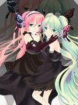  aqua_eyes aqua_hair bad_id bad_pixiv_id black_dress butterfly_wings dress elbow_gloves fingerless_gloves gloves hatsune_miku headphones highres long_hair magnet_(vocaloid) megurine_luka multiple_girls pink_hair suzu_(pixiv434527) twintails vocaloid wings yuri 