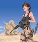  assault_rifle bad_id bad_pixiv_id belt black_eyes black_hair day desert explosion fatigues gloves gun holster knife left-handed m4_carbine military_operator original rifle sky smoke snap-fit_buckle solo tank_top thigh_strap tomoshiki weapon 