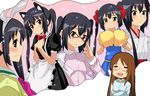  alternate_costume animal_ears bespectacled bunny_ears cat_ears cheerleader date_(senpen) enmaided glasses imagining japanese_clothes k-on! maid miko multiple_girls nakano_azusa school_uniform thought_bubble twintails yamanaka_sawako 
