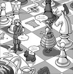  1girl arisawa_tatsumi board_game boots bow cat chess copyright_request dog from_above greyscale isometric long_hair monochrome oversized_object romaji translated 
