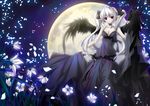  bad_id bad_pixiv_id copyright_request demon demon_girl dress flower lilithbloody moon petals pointy_ears red_eyes solo twintails white_hair wings 