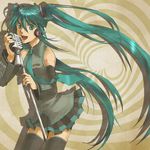  bad_id bad_pixiv_id detached_sleeves green_eyes green_hair green_nails hatsune_miku headset long_hair microphone microphone_stand music nail_polish necktie rioko singing skirt solo thighhighs twintails very_long_hair vocaloid zettai_ryouiki 