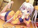  amakura barefoot fang feet food game_cg hands leg_up long_hair lying on_stomach pocky purple_eyes sachiko_(toppara) solo toppara twintails 