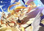  belt blonde_hair blue_eyes cloud day dress ldld2 long_hair multiple_girls original outstretched_arms sky spread_arms thighhighs twintails 