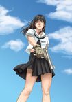  automag bad_id bad_pixiv_id cloud copyright_request day gloves gun handgun looking_at_viewer midriff pistol school_uniform serafuku skirt sky solo tomoshiki trigger_discipline weapon 