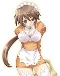  :p basket brown_hair long_hair maid maid_headdress orange_shirt ouhashi paffel ponytail shirt solo summon_night summon_night_2 thighhighs tongue tongue_out zettai_ryouiki 