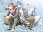  ahoge akaito back-to-back bad_id bad_pixiv_id beamed_eighth_notes blue_eyes blue_hair blue_scarf fang kaito konako male_focus multiple_boys musical_note quarter_note red_eyes red_hair scarf sheet_music sitting staccato vocaloid whole_note 