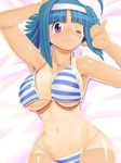  ;) ahoge arms_up bikini blue_hair blush breasts curvy hairband kaitou_tenshi_twin_angel kannazuki_aoi large_breasts looking_at_viewer lying on_back one-piece_tan one_eye_closed purple_eyes shiny shiny_skin short_hair smile solo striped striped_bikini swimsuit tan tanline twin_angel wide_hips zouzou 