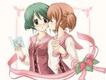  blush book brown_eyes brown_hair chisato_(missing_park) closed_eyes drill_hair food fruit glasses green_hair holding_hands hyuuga_kizuna kiss multiple_girls natsume_remon ribbon school_uniform short_hair short_twintails strawberry strawberry_panic! twin_drills twintails yuri 