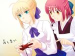 artist_request artoria_pendragon_(all) battle_moon_wars blouse controller fate/stay_night fate_(series) game_console game_controller gamepad kohaku multiple_girls playing_games playstation_2 saber tsukihime video_game 