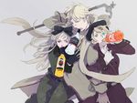  2girls alcohol aqua_eyes arm_grab axis_powers_hetalia belarus_(hetalia) beret blonde_hair blue_eyes bottle cling drinking faucet gloves hair_ornament hair_ribbon hairpin hat hug long_hair military military_uniform mouth_hold multiple_girls purple_eyes ribbon russia_(hetalia) scarf short_hair siblings silver_hair trauma ukraine_(hetalia) uniform vodka winter winter_clothes 