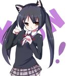  :3 animal_ears bad_id bad_pixiv_id black_hair brown_eyes cat_ears k-on! long_hair nakano_azusa neck_ribbon paw_pose red_ribbon ribbon school_uniform skirt smile solo teyuruun twintails 