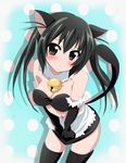 animal_ears apron bad_id bad_pixiv_id bell bikini_top black_hair blush breast_squeeze breasts brown_eyes cat_ears cleavage covering covering_crotch elbow_gloves gloves jingle_bell k-on! large_breasts momoiro_tanuki nakano_azusa polka_dot shadow skirt skirt_tug solo thighhighs twintails 