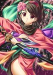  brown_hair comb flower hair_flower hair_ornament ibuki_mana japanese_clothes katana momohime oboro_muramasa purple_eyes short_hair solo sword weapon 