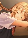  arm_pillow blonde_hair braid braiding_hair broom brown_background brown_hair closed_eyes collared_shirt copyright_request eyelashes facing_viewer fingernails hairdressing head_rest long_hair murata_renji out_of_frame parted_lips red_neckwear shirt short_sleeves sleeping solo_focus white_shirt 