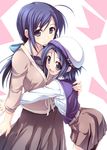  :d ahoge blue_eyes blue_hair hat hug kusakami_akira multiple_girls open_mouth original siblings sisters skirt smile 