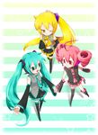  ahoge akita_neru aqua_eyes aqua_hair asymmetrical_hair bad_id bad_pixiv_id blonde_hair cellphone crossover detached_sleeves drill_hair gimei_(ebisawa) hatsune_miku headphones headset highres holding_hands kasane_teto long_hair multiple_girls necktie phone red_eyes red_hair side_ponytail skirt smile thighhighs triple_baka_(vocaloid) twin_drills twintails utau vocaloid yellow_eyes zettai_ryouiki 