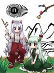  2girls bow collar ex-keine fujiwara_no_mokou green_hair hair_bow hair_ribbon horns joey_hanma kamishirasawa_keine leash long_hair multiple_girls red_eyes ribbon silver_hair tail touhou 