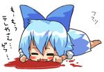  =_= blood blue_hair blush chibi chikkuru cirno nosebleed ribbon solo touhou translation_request 