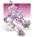  ankle_garter ao_usagi bookshelf bow breasts cleavage crescent hair_bow hat large_breasts library long_hair mace one_eye_closed patchouli_knowledge purple_eyes purple_hair shoes solo touhou voile weapon wrist_cuffs 