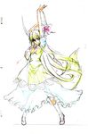  &gt;:) arm_up color_trace dress ex-keine h-new horn_ribbon horns kamishirasawa_keine long_hair outstretched_arm production_art ribbon see-through sketch smile solo standing tail tiptoes touhou traditional_media v-shaped_eyebrows 