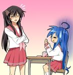  1girl ahoge bad_id bad_pixiv_id black_hair blush bow chair code_geass cosplay crossdressing crossed_arms crossover desk food gloom_(expression) hair_bow hiiragi_kagami hiiragi_kagami_(cosplay) izumi_konata lucky_star luluko maruki_(punchiki) mole mole_under_eye pink_neckwear ryouou_school_uniform school_uniform serafuku sitting sweatdrop tsundere 