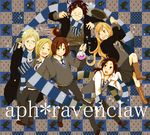  5boys austria_(hetalia) axis_powers_hetalia bad_id bad_pixiv_id bird boots china_(hetalia) cloak frying_pan harry_potter hungary_(hetalia) johnson_(wassyoi) lithuania_(hetalia) long_hair multiple_boys necktie poland_(hetalia) raven_(animal) scarf school_uniform striped striped_scarf sweater sweden_(hetalia) wand 