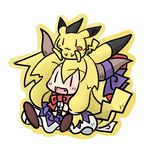  :3 animal_ears blonde_hair bow chibi costume crossover fang gen_1_pokemon horns ibuki_suika lowres object_on_head pikachu pokemon pokemon_(creature) simple_background sitting sitting_on_head sitting_on_person tail touhou white_background yanagi_(nurikoboshi) yellow |_| 