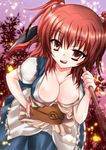  breasts chikuwa_coffee_(milk_soda) cleavage colorized hair_bobbles hair_ornament highres kounosuke_(embellir) large_breasts onozuka_komachi red_eyes red_hair scythe solo touhou two_side_up 