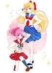  aino_megumi aino_minako bishoujo_senshi_sailor_moon black_legwear blonde_hair blue_dress blue_eyes blue_sailor_collar bow company_connection crossover dress full_body hair_bow half_updo hand_on_hip happinesscharge_precure! kneehighs kneeling loafers long_hair multiple_girls namesake pikarigaoka_middle_school_uniform pink_eyes pink_hair ponytail precure red_bow red_sailor_collar red_skirt sailor_collar school_uniform serafuku shiba_koen_middle_school_uniform shoes short_hair skirt smile standing star_power_stick touei white_legwear yukinami_(paru26i) 