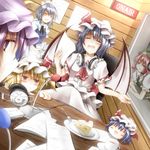  bat_wings blonde_hair blue_eyes blue_hair braid cake desk drooling dutch_angle flandre_scarlet food fork headphones hong_meiling izayoi_sakuya long_hair looking_at_viewer maid maid_headdress microphone multiple_girls pastry patchouli_knowledge purple_eyes purple_hair radio_booth red_eyes red_hair remilia_scarlet revision shirayuki_mutsumi short_hair side_ponytail sideways_glance silver_hair touhou twin_braids wings yukkuri_shiteitte_ne 