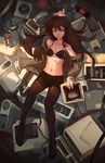  1girl black_bra black_legwear blue_eyes bra brown_hair computer_tower crotch_seam doomfest highres long_hair lying makise_kurisu navel no_shirt off_shoulder on_back panties panties_under_pantyhose pantyhose shorts small_breasts solo steins;gate underwear 