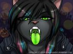  ambiguous_gender anthro black_fur cat fangs feline fur green_eyes green_tongue looking_at_viewer mammal oowhiplashoo open_mouth solo teeth tongue tongue_out uvula 