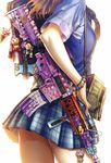  absurdres assault_rifle bag bloom bracelet brown_hair copyright_request food gun hand_on_hip head_out_of_frame heart highres hiroe_rei ice_cream jewelry keychain long_hair m4_carbine monkey plaid plaid_skirt pleated_skirt rifle scan school_uniform shoulder_bag simple_background skirt solo thighs weapon white_background 