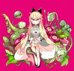  :&gt; blonde_hair bow breasts cleavage dress drooling green_eyes hair_bow hands_on_lap large_breasts long_hair md5_mismatch no_socks original plant pumps rafflesia_(flower) red_background saliva sitting smile solo tera venus_flytrap very_long_hair 