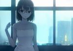  1girl blurry cityscape depth_of_field glasses indoors looking_at_viewer medium_hair morisawa_haruyuki night original parted_lips solo strap_slip upper_body window 