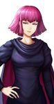  bad_id bad_pixiv_id blue_eyes breasts cape gundam haman_karn hand_on_hip lieqi_hun looking_at_viewer medium_breasts parted_lips pink_hair short_hair simple_background smile solo white_background zeta_gundam 