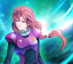  blue_eyes gundam gundam_unicorn long_hair marida_cruz pilot_suit red_hair shian_(my_lonly_life.) solo space upper_body 