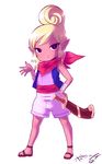  bandages big_hair blonde_hair born-to-die dark_skin hand_on_hip neckerchief pointy_ears sandals scabbard sheath shorts smile solo standing sword tetra the_legend_of_zelda the_legend_of_zelda:_the_wind_waker toes updo vest weapon 