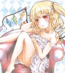  :o alternate_costume argyle argyle_background bare_legs barefoot blonde_hair blush chair collarbone colored_pencil_(medium) dress feet_on_chair flandre_scarlet hair_ribbon hand_behind_head head_rest head_tilt knees_up looking_to_the_side marker_(medium) outline potto red_eyes ribbon shikishi short_hair side_ponytail sitting solo strap_slip sundress touhou traditional_media watercolor_(medium) white_dress wings 